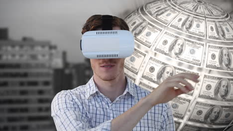 animation of globe formed with american dollars over caucasian businessman with vr headset