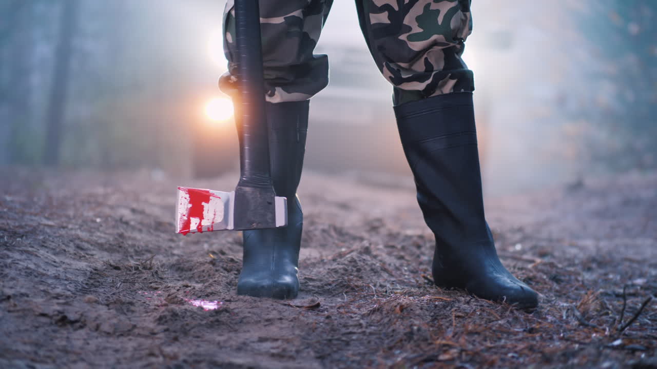 A Murderer With A Bloody Ax On A Forest Road Stands In The Light Of Car Headlights Creepy Crime Scen