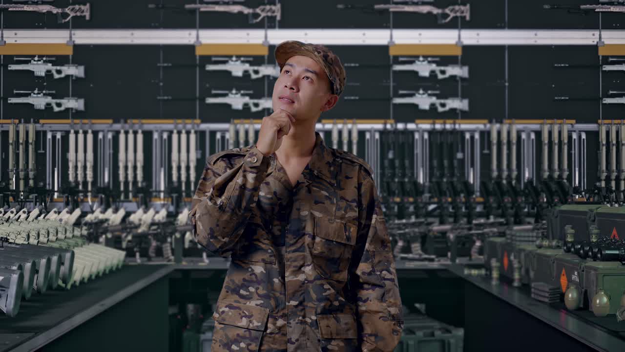 Aziatische soldaat die nadenkt over iets en om zich heen kijkt in een militaire wapenkamer