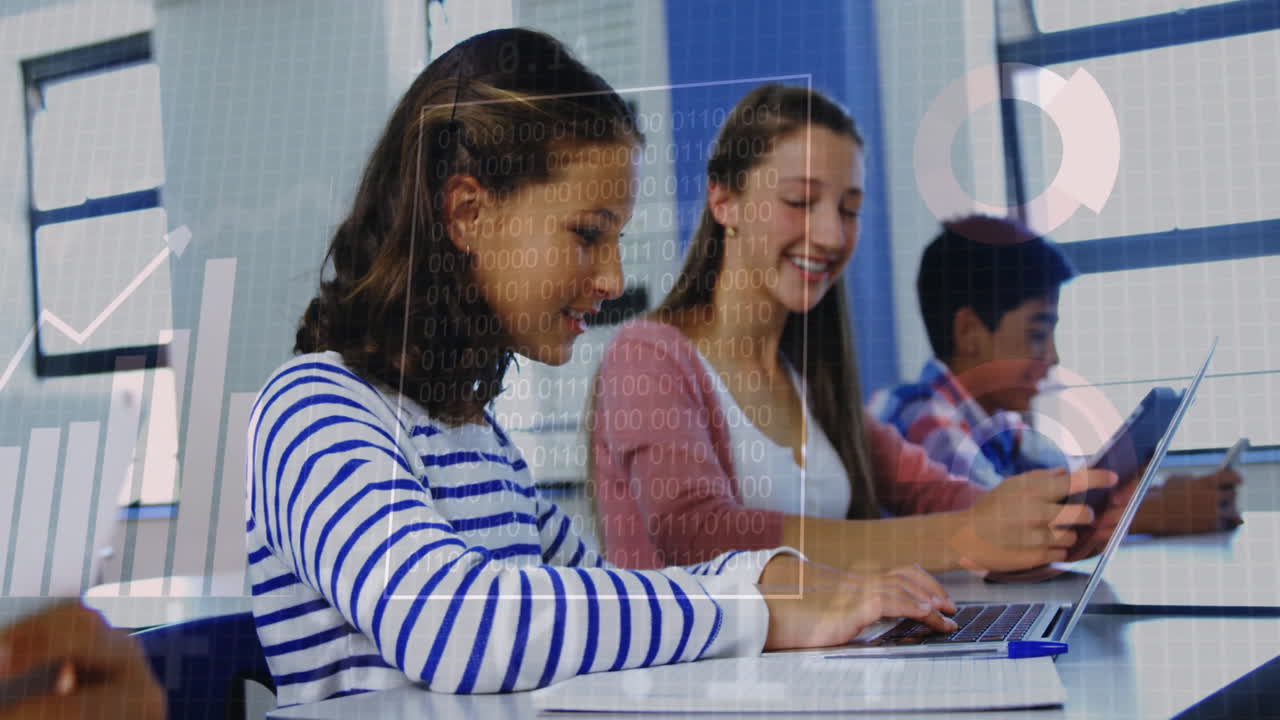 Binary code and financial data animation over students using laptops in classroom
