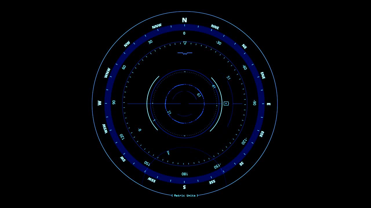 compass head-up displays movement seamless loop with north and south indicator on black background, concept of technology