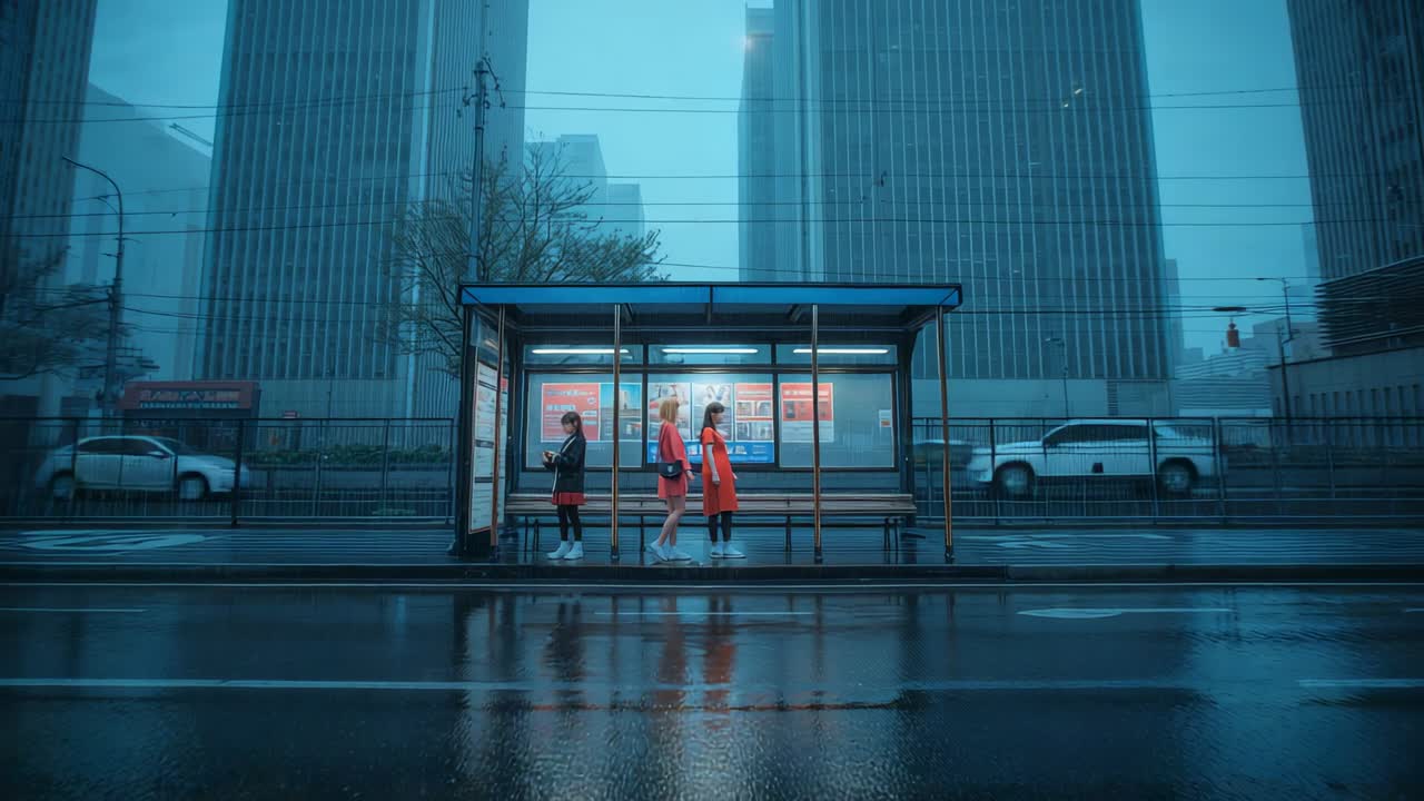 Stepping teenager tapping phone under bus shelter in rain, with friends in red waiting for ride