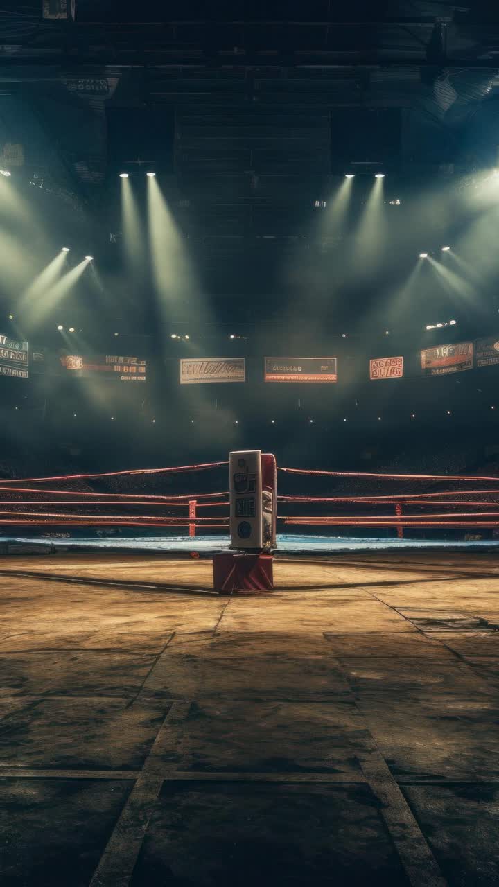 Dramatic video still of an empty boxing ring, captured from a low angle, emphasizing the arena's