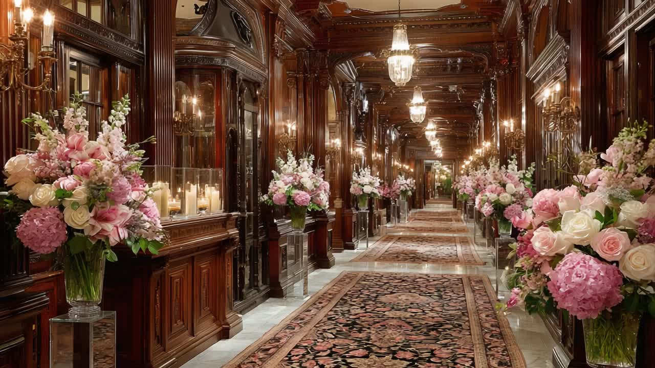 An Elegant Floral Corridor: Captivating Arrangement of Vibrant Flowers in a Lavishly Decorated Hallway Accompanied by Soft Lighting for a Refined Atmosphere