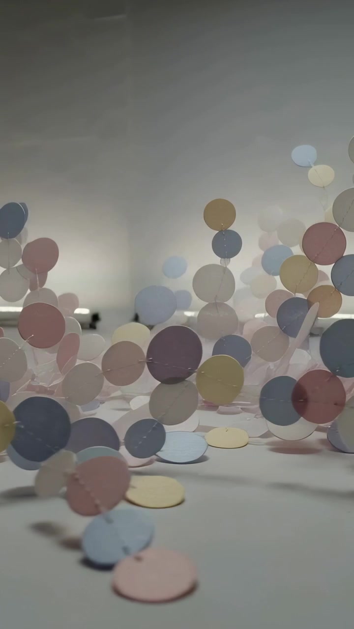 Vertical video: Disturbance sending pastel paper discs swirling across white tabletop, with stems