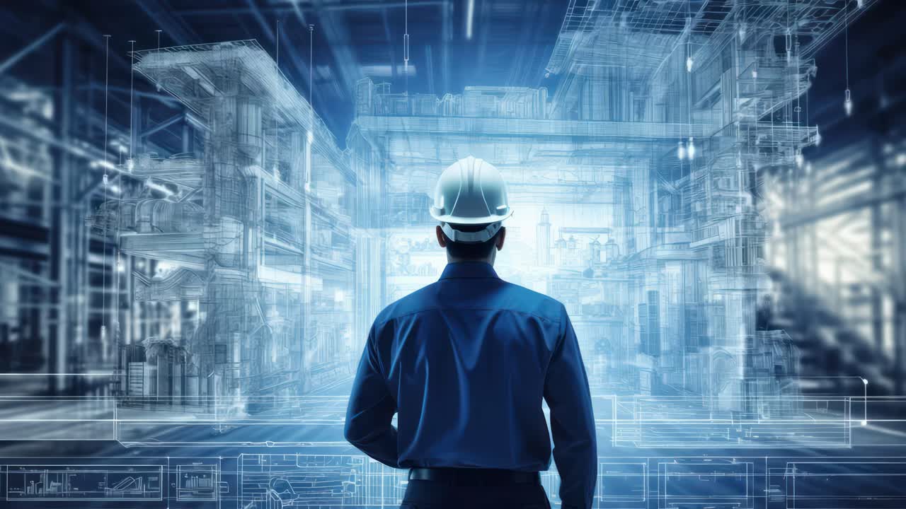 A rear-view, medium-angle shot of an engineer in a hard hat, observing a futuristic digital