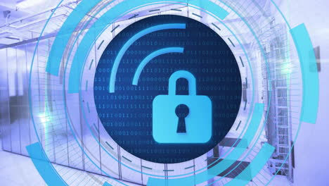 animation of circular scanner processing wifi with padlock icon over server room