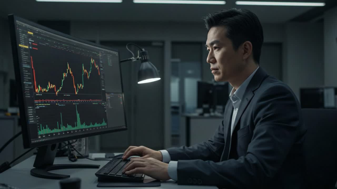 Focused Financial Analyst Analyzing Stock Market Trends on Desktop Monitor in Modern Office Environment