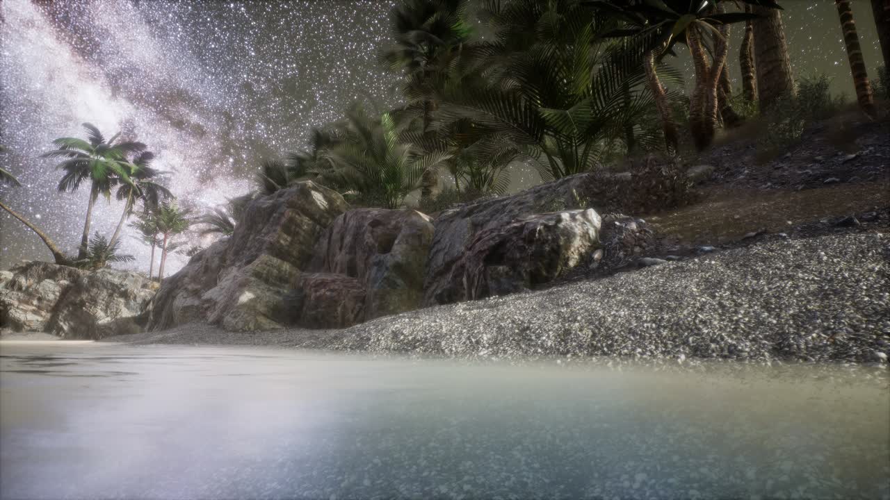 hermosa playa tropical de fantasía con estrellas de la vía láctea en el cielo nocturno