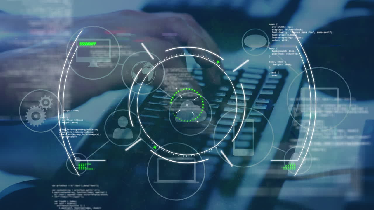 animación del escaneo del alcance y el procesamiento de datos sobre las manos escribiendo en el teclado