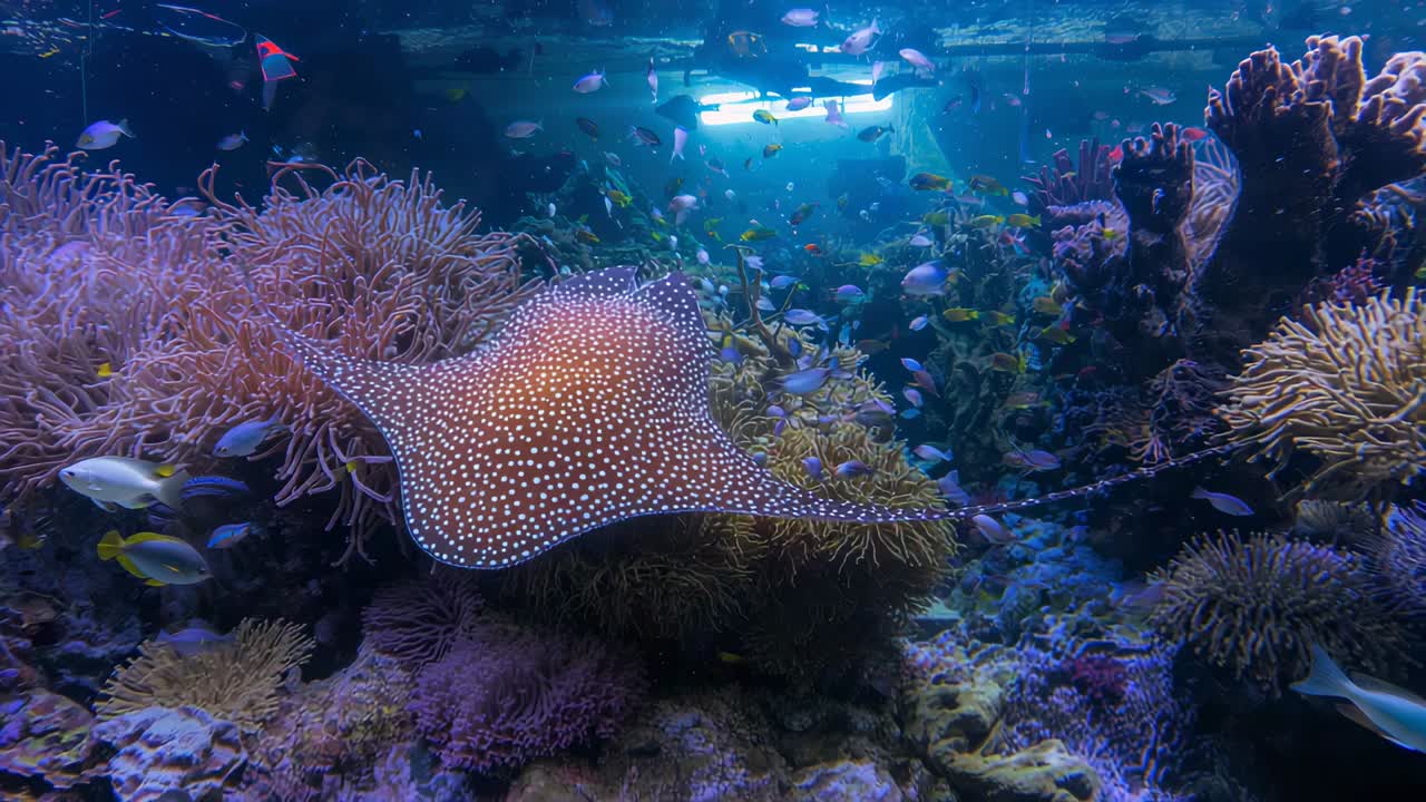 Gliding spotted eagle ray flapping pectoral fins through reef tank, overhead light guiding fish