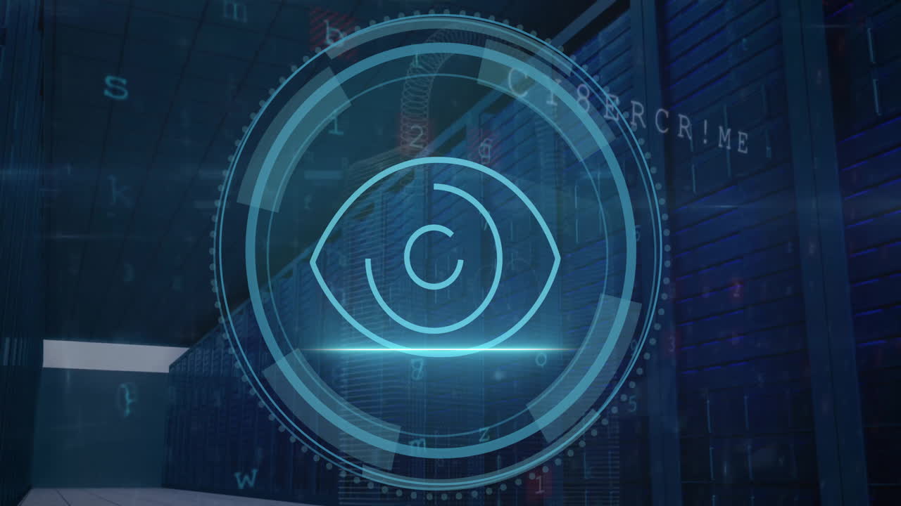 анимация обработки данных и масштаба с значком глаза над компьютерными серверами