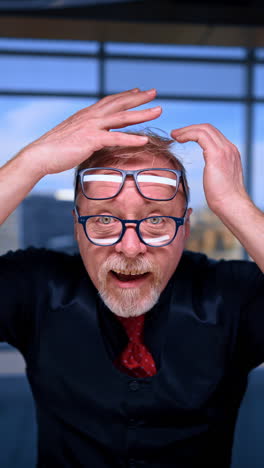 Positive smiling old man wearing glasses on his nose and on his forehead. Close up portrait of an emotional male touching and shaking his fair hair. Vertical video.