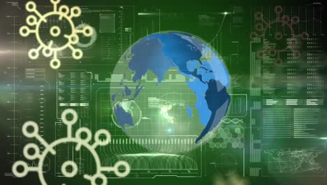 Animación-Del-Globo-Girando-Sobre-Células-Covid-Y-Procesamiento-De-Datos-En-La-Interfaz