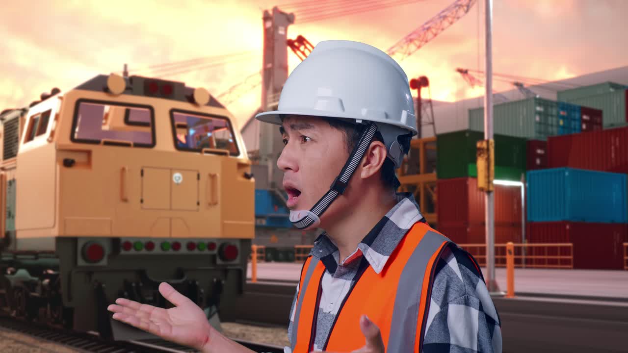 Concerned Construction Worker at Port with Train Background