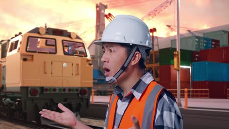 concerned construction worker at port with train background