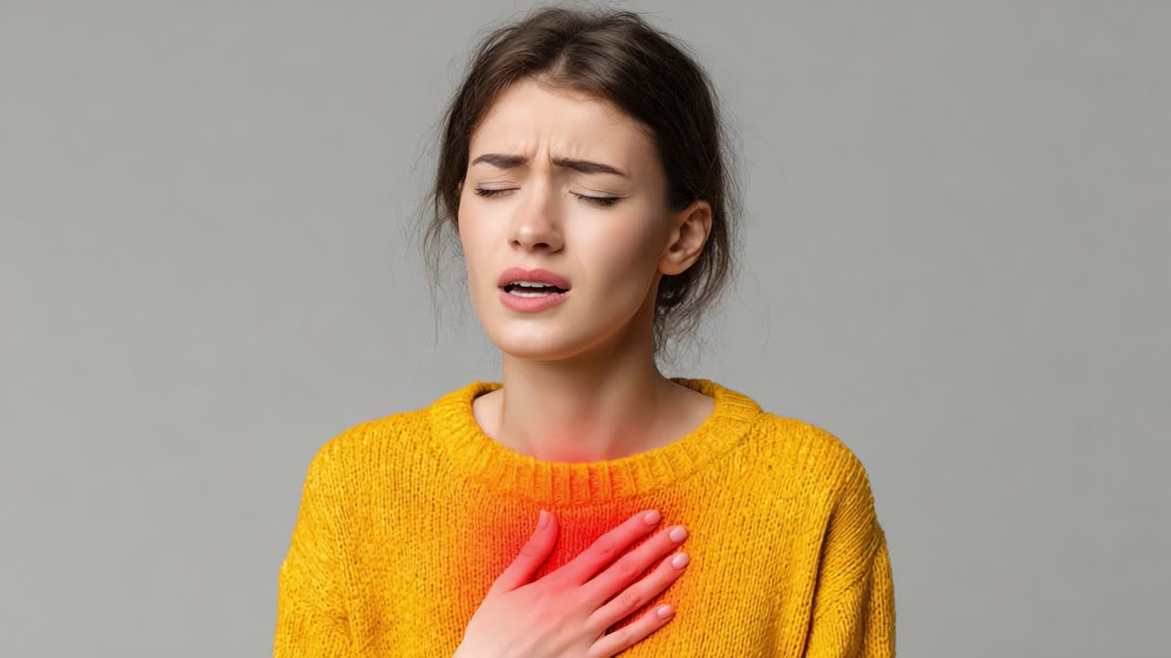 Una giovane donna prova disagio mentre si stringe il petto, esprimendo dolore e preoccupazione su uno sfondo neutro, sottolineando il disagio emotivo e fisico.