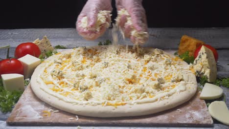 chef haciendo una pizza de queso con varios ingredientes de queso