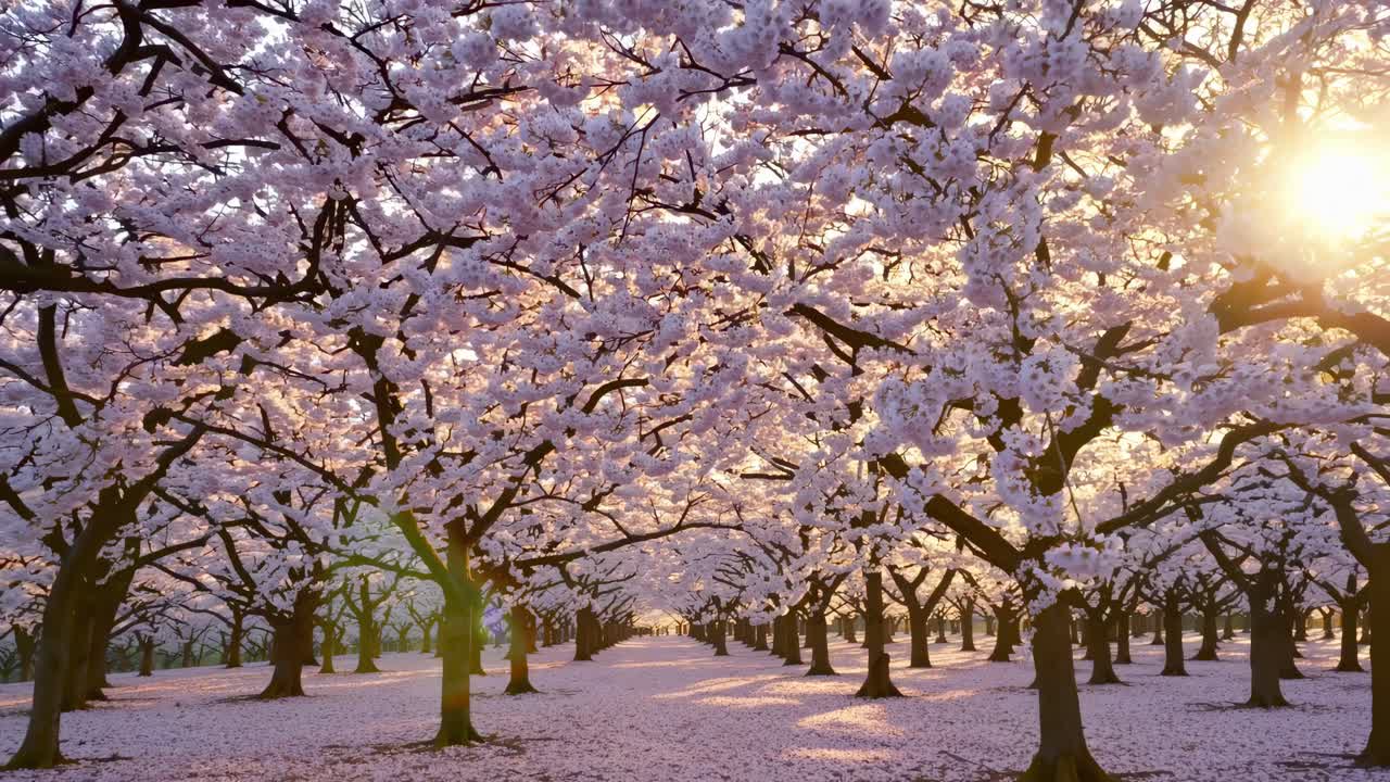 A mesmerizing video scene of a cherry blossom orchard at sunrise, captured from a low angle