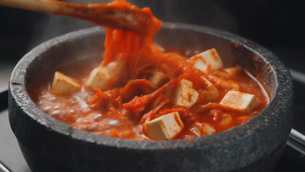 Mengaduk Rebusan Kimchi Pedas dengan Tahu dalam Panci Batu