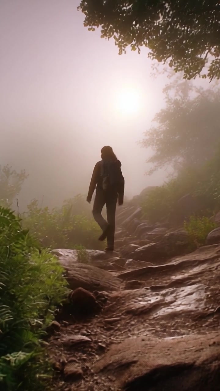 A solitary hiker journeys through a misty forest trail, feeling the tranquility of nature as the sun peeks through the fog and trees, illuminating the path ahead.