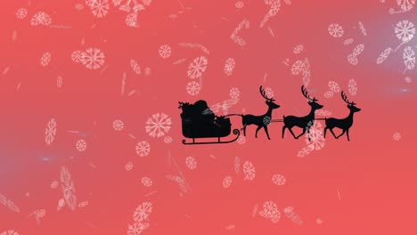 Animation-of-christmas-presents-in-sleigh-with-reindeer-over-snow-falling-on-red-background