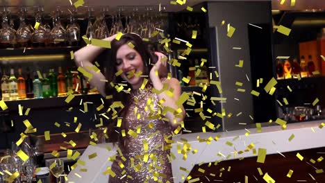 Animation-of-confetti-falling-over-happy-woman-dancing-at-party