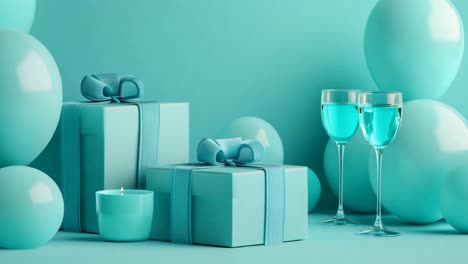 teal gift boxes, balloons, and drinks