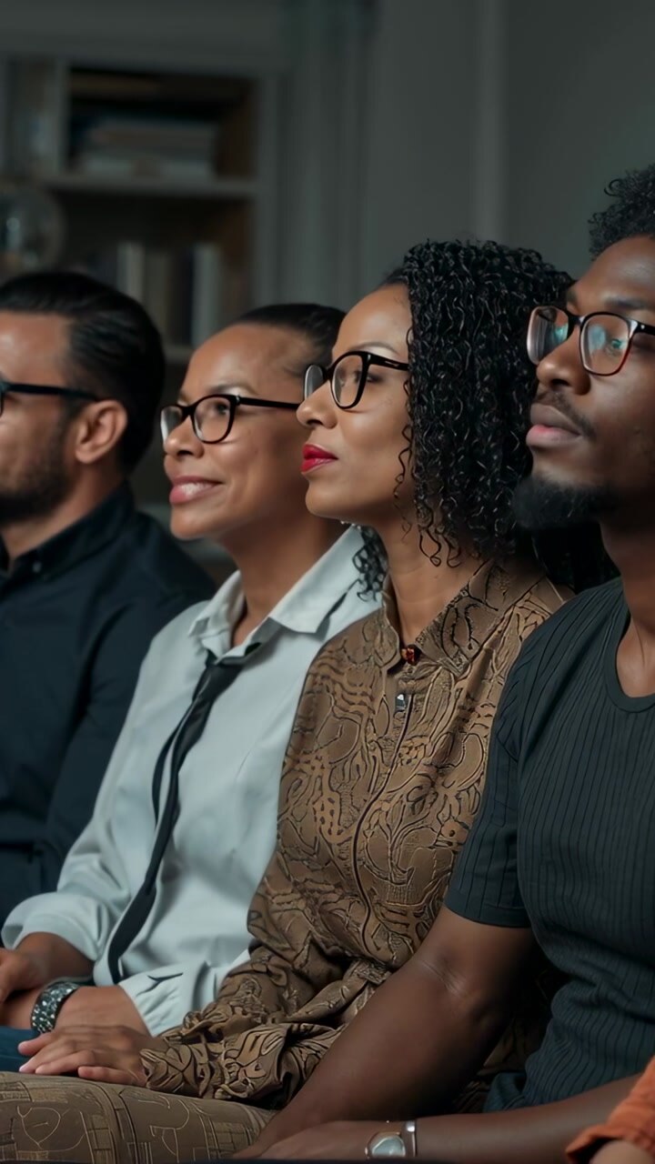 Listening to presenter, woman in blouse and others watching speaker at meeting, wearing eyeglasses