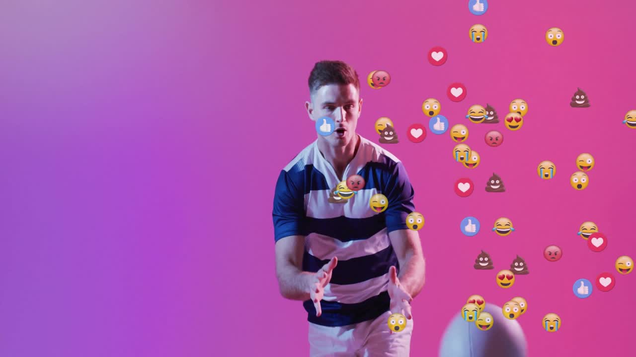 Rugbyspiller går på en lilla-rosa gradient mens emojier virvler rundt, og deretter fanger en kastet ball.