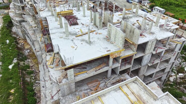 Baustelle eines großen Gebäudes im Rohbau und mit Baumaterialien in einer städtischen Umgebung an einem bewölkten Tag.