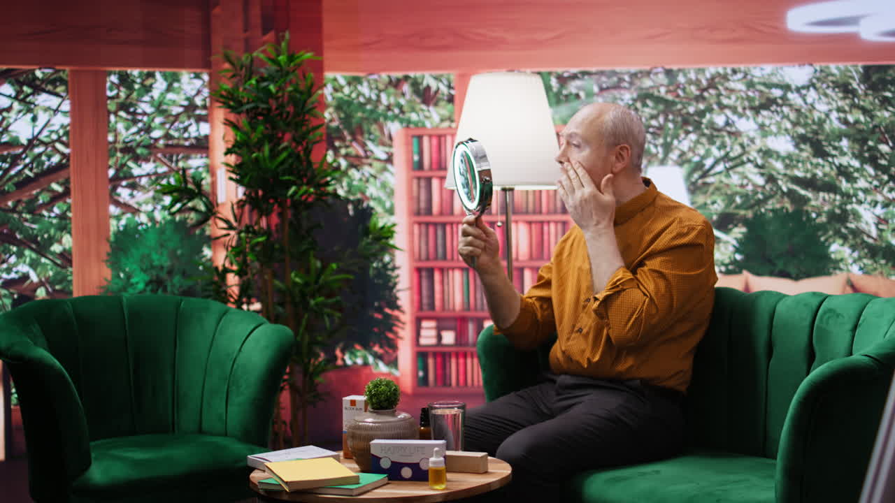 은 얼굴에 피부 관리 제품을 적용하기 위해 거울을 사용하는 노인