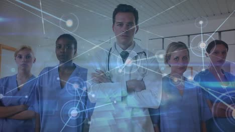 Animation-of-network-of-connections-over-diverse-female-and-male-doctors