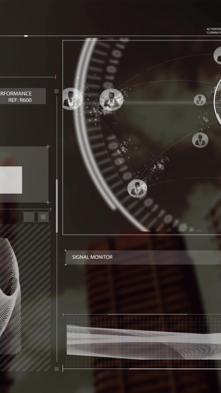 Animation of data processing and scope scanning over cityscape background