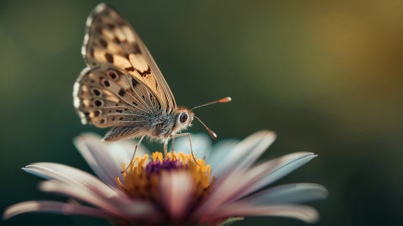 Atterraggio di una farfalla a fantasia, che si sporge con la proboscide sul disco di una margherita da giardino, nutrendosi di polline