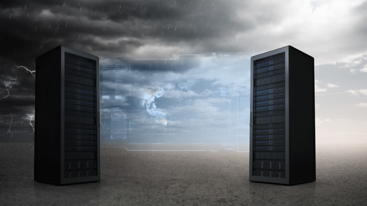 servidores de datos y pantalla digital con globo giratorio