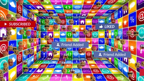 animation of social media text with emoji icons over colourful squares with social media icons