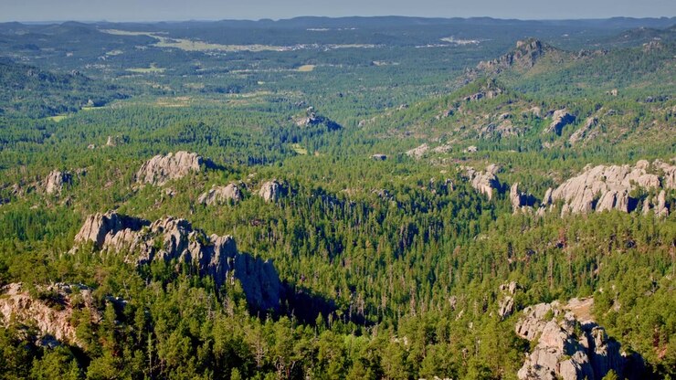 Riprese con drone che catturano spettacolari affioramenti rocciosi nel paesaggio naturale delle Black Hills, South Dakota