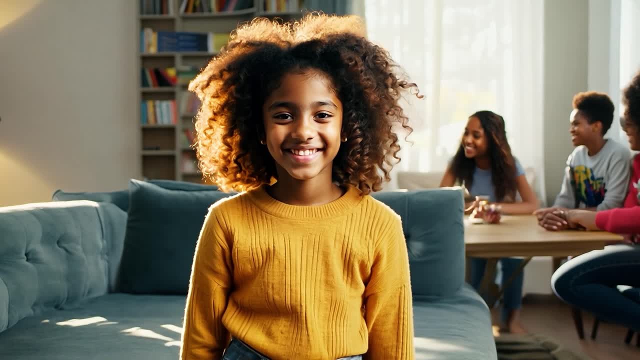joven feliz con el cabello rizado sonriendo a la cámara, rodeada de su familia