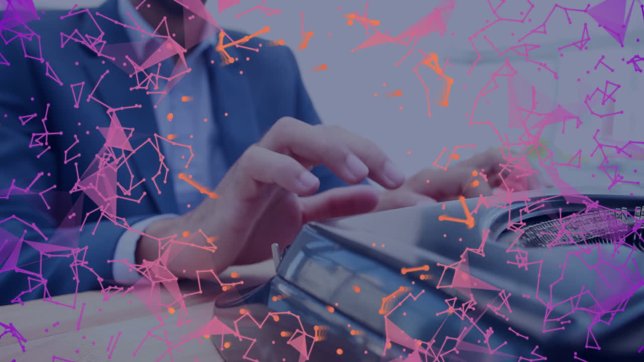 Hands typing on keyboard with colorful digital network animation overlay