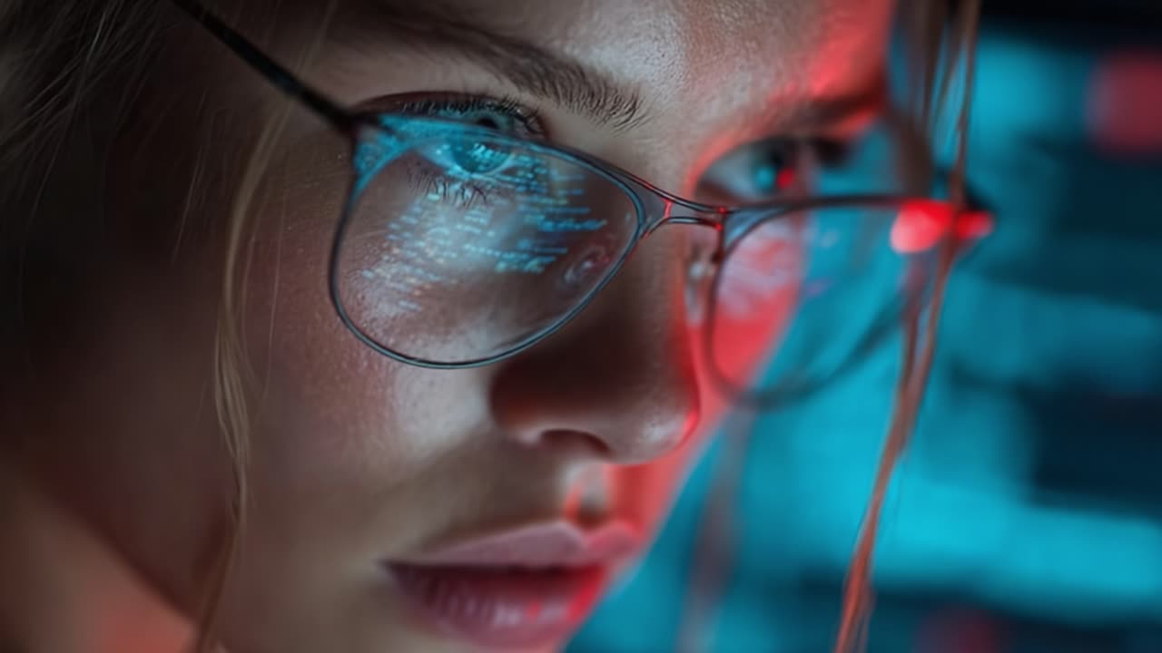 A Deep Dive into Technology: An Intense Close-Up of a Focused Individual Analyzing Digital Data Through Glasses, Surrounded by a Futuristic Screen Glow