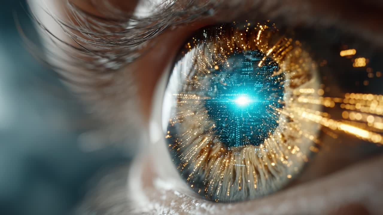 A Captivating Close-Up of an Eye Capturing a World of Data and Dynamic Energy, Highlighting the Intersection of Nature and Technology in Stunning Visual Detail
