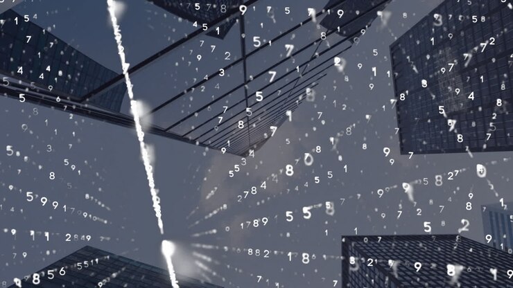 Animation of binary coding over cityscape