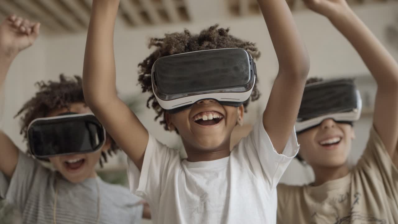 Bambini felici che interagiscono con la tecnologia della realtà virtuale, celebrando esperienze immersive e interazioni giocose mentre indossano visori VR in un ambiente moderno