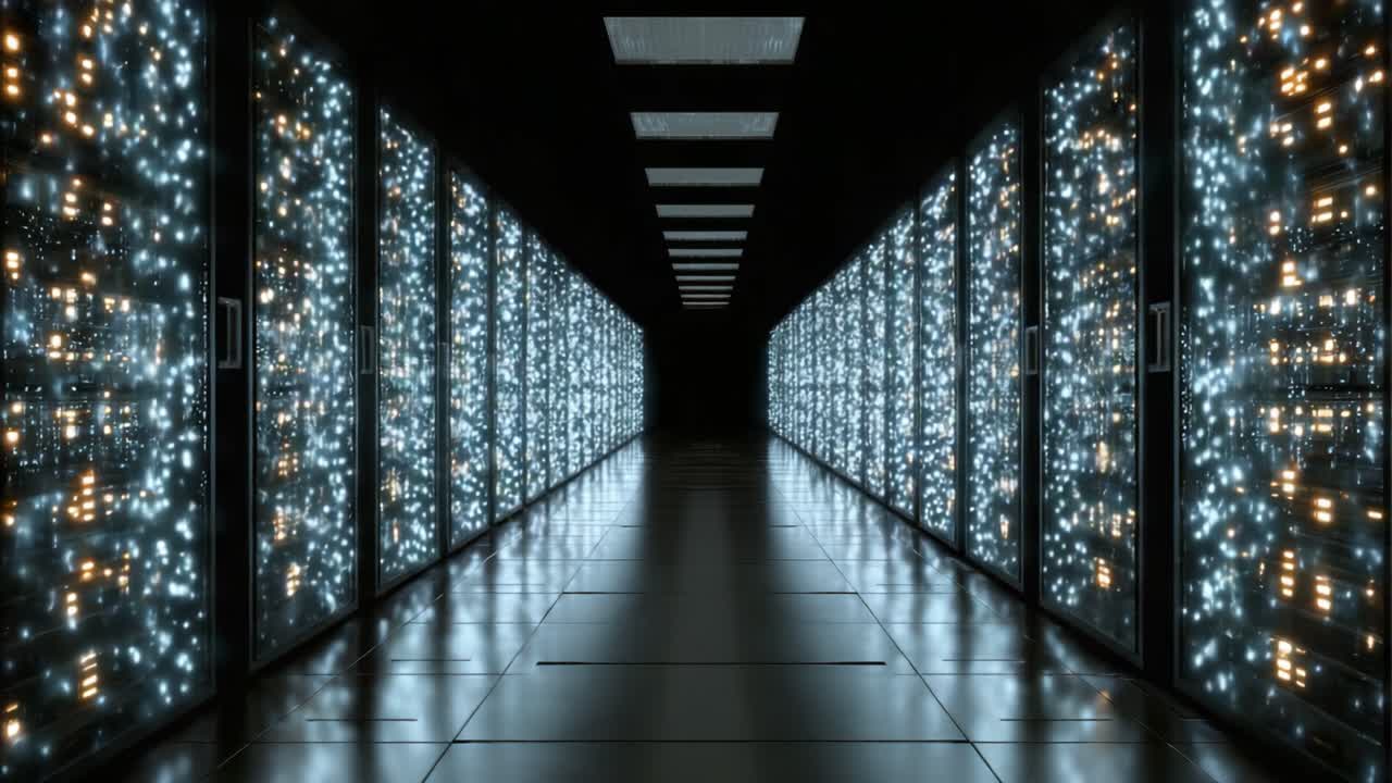 En indviklet korridor af datalagring: En fantastisk visuel rejse gennem serverracks oplyst af blinkende lys i et futuristisk datacenter
