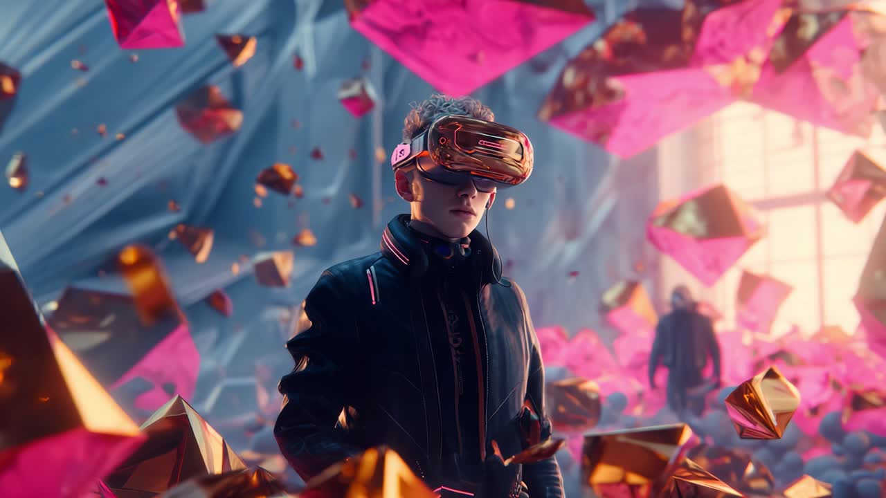 A futuristic scene showcasing a person wearing advanced virtual reality goggles amidst a striking digital landscape filled with crystal-like objects in vibrant colors, creating a compelling visual experience