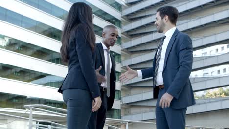 cheerful business colleagues greeting each other