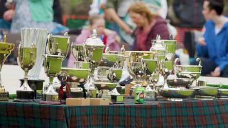 multiple silver trophies and awards arranged on a tartan-covered table outdoors, with people in colorful attire seated and conversing in the background. soft natural daylight, shallow depth of field, static camera