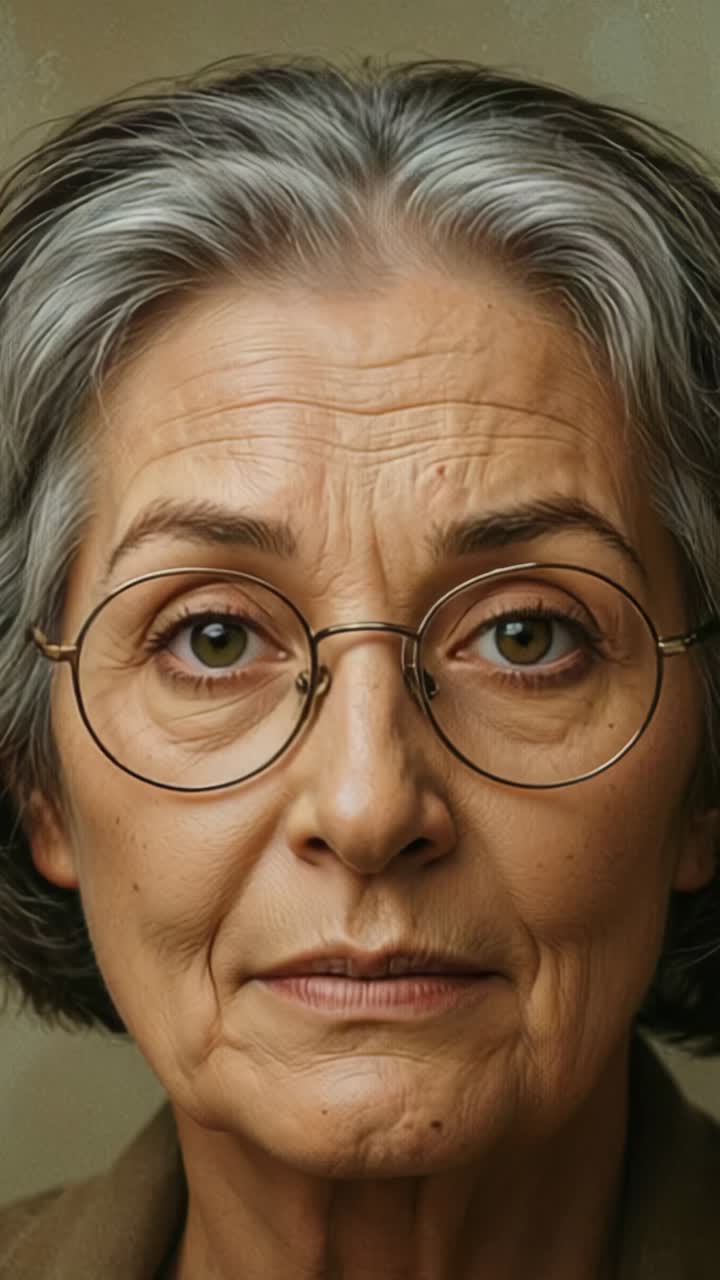 Vertical video: Filming senior woman blinking and shifting gaze against beige wall with eyeglasses