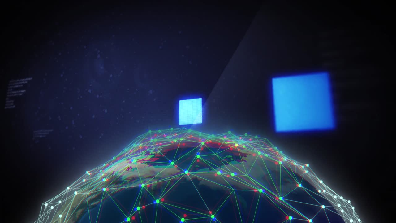 Animation of globe and connections with data processing over black background